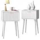 Nightstands Set of 2, Small Side Table, Bedside Table with Fluted Door, White