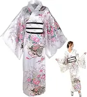 [Hemore] Japanese Yukata for Women, Floral Silk Japanese Kimono with Belt, Geisha Yukata Dress, Japanese Robe, Blossom Satin Bathrobe