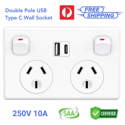 Double Pole GPO Socket 3.6amp USB Type-C Two Power Point Wall Outlet Supply, SAA