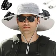 [Elfgrass] Solar Fan Sun Hat, Outdoor Sun Hat with 2 Solar Fans, USB Panel Powered Wide Brim Bucket Hat, UPF 50+ Hiking Camping Fishing Hats with Built in Fan, Men Breathable Hats for Farmer, Beach