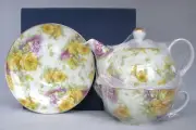NEW YELLOW+PURPLE ROSE SORELLE HANDMADE PORCELAIN TEAPOT,TEA CUP POT FOR ONE+BOX