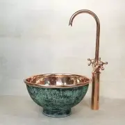 Hand Engraved Green Patina Copper Vessel Sink with Faucet