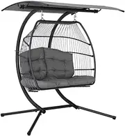 Gardeon Outdoor Swing Chair Rattan 2 Seater Grey Garden Bench Hanging Seat, Patio Baconly Furniture Chairs, with Adjustable Canopy Cushions Stand Wicker Basket Water Resistant 200kg Capacity