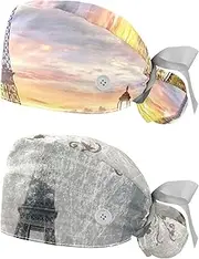 [WOSHJIUK] Working Hat 2 Pack Scrub Caps for Women,Eiffel Tower Sunset Paris,Tie Back Cap Adjustable Scrub Hat