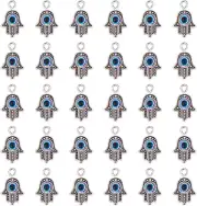 30PCS Antique Silver Hamsa Hand Evil Eye Bead of Fatima Symbol Charms Hamsa Hand