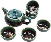 Blue Traditional Porcelain Loose Leaf Chinese Teapot 6oz Set with 6 Unquie Small Tea Cup 1.6oz Fancy Raised Kio Fish Antique Vintage Great for Brewing Oolong Jasmine Chai English Breakfast Chammomile