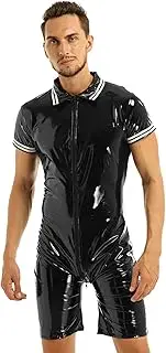 [FEESHOW] Men's Wet Look Faux Leather Zipper Bodysuit Catsuit Clubwear Costume