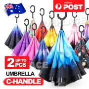 Windproof Upside Down Reverse Umbrella Double Layer Inside-Out Inverted C-Handle