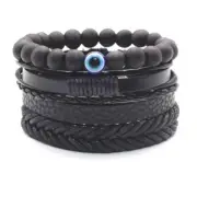 SET OF 4 BRACELETS 4pcs Bracelet Evil Eye Bead Black Wood Leather Adjustable NEW