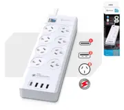 Sansai 8 Outlet 3*USB-A 1*USB-C Powerboard Master On/Off switch Surge and overload protected 1M 20W 220-240V 10A IV Retail box PAD-8088