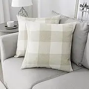 Fall Home Decor Set of 2 Farmhouse Buffalo Check Plaid Throw Pillow Covers Beige and White 18 x 18 Inch Christmas Polyester Linen Cushion Case for Sofa Bedroom Living Room(No Inserts)