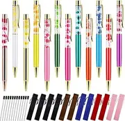 SICANAUO 12 Pcs Liquid Floral Ballpoint Pens, Personalized Flowers Metal Pens with 12 Pcs Black Ink Refills and 12 Pcs Drawstring Pen Bags for School Office Supplies Gift
