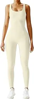 Women's Sleeveless Jumpsuits with Pad, Seamless Ribbed One Pieces Bodysuits Backless Exercise Romper