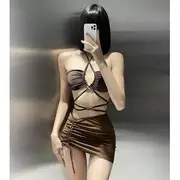 Set: Halter Plain Bikini Top + Bottom + Drawstring Cover Up Coffee - M