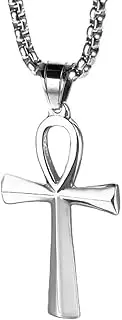 [Generic] Stainless Steel Ankh Cross Pendant Necklace/Coptic Cross Religious Snake Necklace 24 Inch Chain/Ancient Egyptian Cross Gift