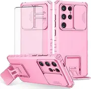 [Asuwish] Phone Case for Samsung Galaxy S24 Ultra 5G with Tempered Glass Screen Protector and Slide Camera Cover Kickstand Stand Protective Cell Accessories S24Ultra 24S S 24 24Ultra Women Men Pink
