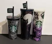 3 Starbucks 2021 Halloween Glow in Dark Cups Spider Webs Purple Cat
