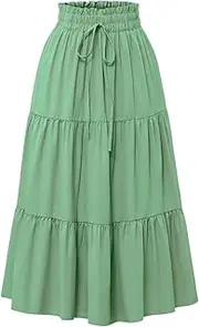 [Generic] Summer Long Skirts for Women, Summer Pleated Casual Drawstring High Waist Lightweight Tiered Flowy Pleated Skirts with Pocket