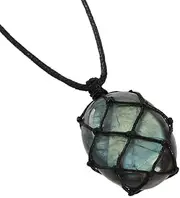[VGOL] Natural Labradorite Palm Crystal Pendant Necklace with Adjustment Hand-Woven Wax Rope Moonlight Stone Retro Gemstone Charm Jewelry