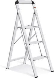 3 Step Ladder Handrail Aluminium Folding Portable Non-Slip Stepladder 150kg Silver