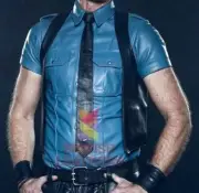 Men's Real Leather Police Shirt Gay Biker Schwarz Cuir Lederhemd Blue Punk Kink