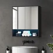 OIKITURE Bathroom Mirror Cabinet with 16 LED Lighted Colours, Bathroom Cabinet with Closed and Opened Wall Mount Storage Shelves, Cupboard Shower Mirror, Black, 75×75cm