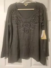 One World Long Sleeve Tunic Top Scoop Neck Large Waffle Knit Gray Studded NWT