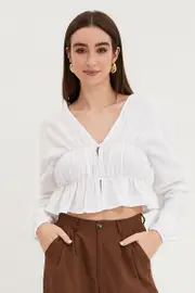 White Shirt Top Long Sleeve - Size 12, Women's Crop Top