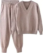 [Generic] Women Knit Sport Suits Two Piece V Neck Long Sleeve Pullover Sweater And Drawstring Elastic Waist Pants Set