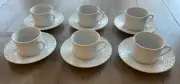 Tienshan Porcelain White Wicker Tea Cup and Saucers Set of 6 Mint!