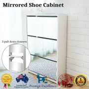 Shoe Cabinet Mirror 3-Layer Pull-Down Drawers Shoes Storage Rack Organiser White