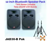 E-Lektron 1600W 2 x JAD30 12 inch Bluetooth Powered linkable Speakers Digital Sound System USB/SD Active Loud speakers Set With 2 Stands