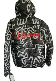 Keith Haring x Members Only Reversible Black Print Puffer Jacket Sz SM Nwt