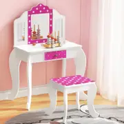 Kids Dressing Table Vanity Makeup Chair Set Wooden 3 Mirror Drawer Pink