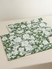 [La DoubleJ] La DoubleJ - Set Of Two Floral-print Linen Placemats - Green - One size One size Green