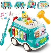 6-in-1 Musical Bus Toys for Toddlers, Montessori Car Toys with Xylophone Whack A Mole Fishing Game, Sensory Learning Activity Cube, Educational Boy Girl Baby Gifts 18M+ (Blue)