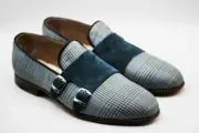 Men's Hand Stitched Two Tone Fabric & Velvet Slip On Double Monk Formal Shoes