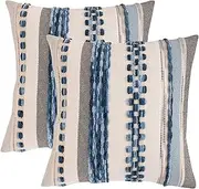 Tosleo Boho Throw Pillow Covers 18x18 Set of 2 Striped Decorative Pillow Cases Accent Chenille Pillowcases Farmhouse Cushion Case Bohemian Nuetral Textured Coastal Pillow Cover,Sky Blue
