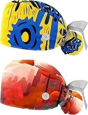 [YTYVAGT] 2-Pc,Nurse Scrub Caps,Scrub Hats with Buttons and Cotton Sweatband,Artistic Geometric Flower Pattern