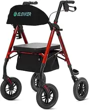 ELENKER All-Terrain Rollator Walker with 10" Non-Pneumatic Wheels, Sponge Padded Seat and Backrest, Fully Adjustment Frame for Seniors, Red