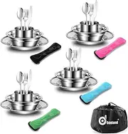 Odoland 25pcs Stainless Steel Utensils Camping Tableware Kit with Plates Cups Forks Spoons and Knives for 4, Cutlery Flatware Set for Backpacking, Outdoor Camping Hiking and Picnic