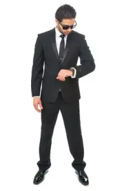 Slim Fit AZAR MAN Black Tuxedo 2 Button Satin Notch Lapel Flat Front Pants NEW