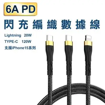 【↘︎4折加價購】6A PD閃充編織數據線Lightning 20W / TYPE-C 120W(支援iPhone 15系列)