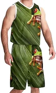 [KQNZT] Basketball Jerseys Shorts Sport Set, Personalized Jersey, Hip hop Clothing for Party, Tropical Jungle Leaf Frog