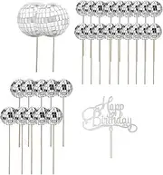 31pcs Disco Ball Cupcake Toppers with Happy Birthday Cake Topper 1970s Disco Ball Cake Picks Disco Theme Cake Decorations for 70s 80s Disco Music Dance Themed Party Decorations Supplies (Total 31pcs)