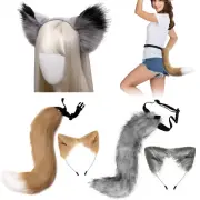 1/2PCS Faux Fur Fox Wolf Ears Headband Furry Long Tail Halloween Cosplay Costume