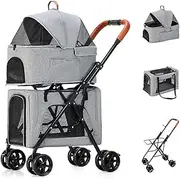 Cat Dog Strollers Pushchair Great for Twin Or Multiple, Foldable Double Pet Stroller for 2 Dogs/Cats, Double-Layer Pet Trolley Breathable Travel Carrier Detachable Cage(Gray a)