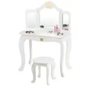 Kids Makeup Dressing Table with Tri-folding Mirror and Stool-White - Color: Whit
