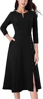 [VFSHOW] Womens Pleated Notch Neck Front Slit Buttons Pockets Office Business Work Slim Fit A-line Fit and Flare Midi Dress, Black, Small