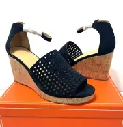 BILL BLASS Anthropologie ZELDA Navy Perforated Suede Platform Wedges 9.5
